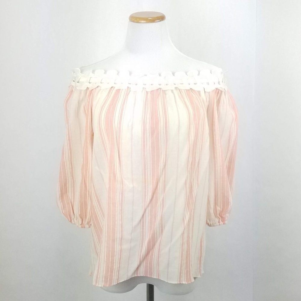 Max Studio Pink Cream Striped Off Shoulder Top